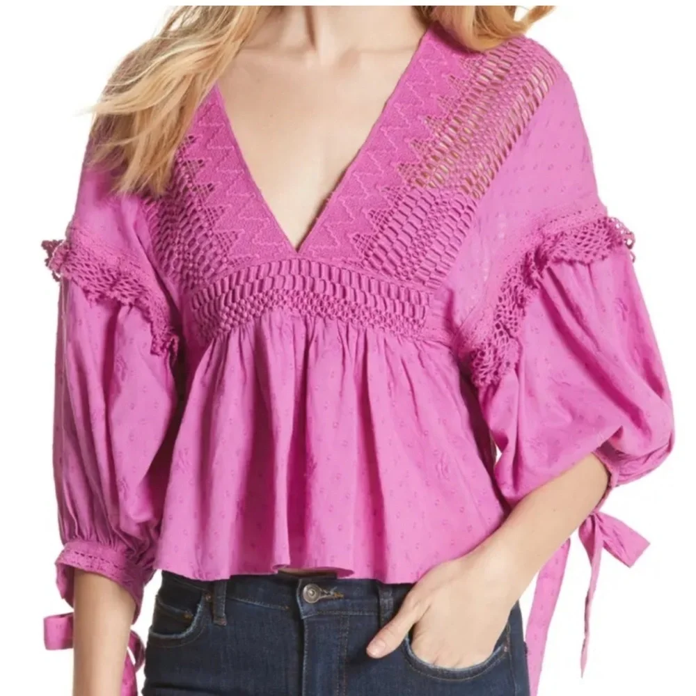 26098 Free People Drive You Mad Blouse Sz Small Boho Tie Sleeves Neon Orchid EUC - Picture 10 of 11